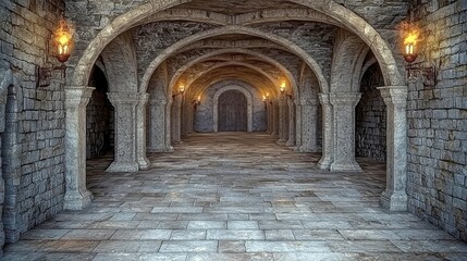 Fototapeta premium Dark Medieval Castle Corridor: An Enthralling Journey Through Gothic Architecture