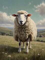 Fototapeta premium Serene Grace – A Dreamy Sheep in a Tranquil Landscape