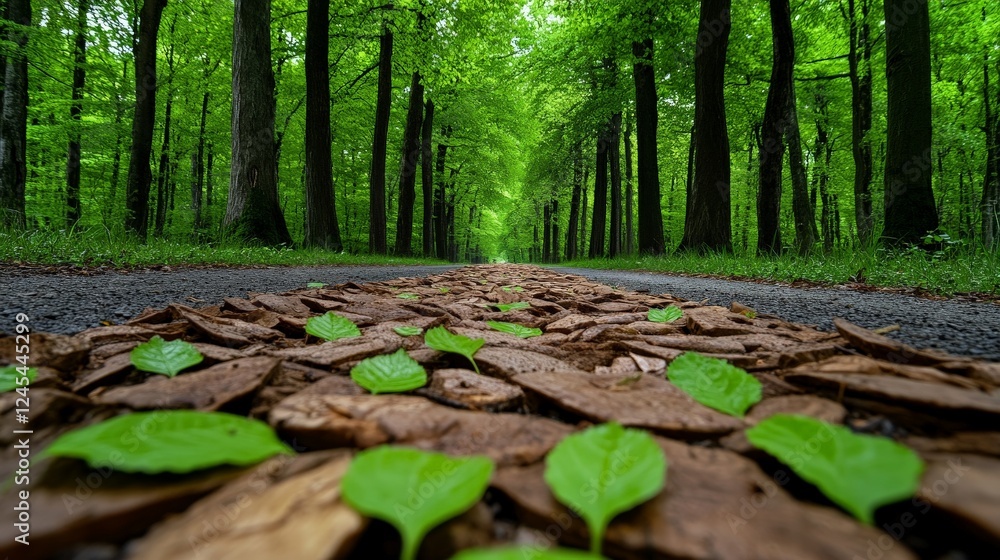 Poster forest path perspective: a low-angle view of a tree-lined path, where fresh green leaves rest on a b