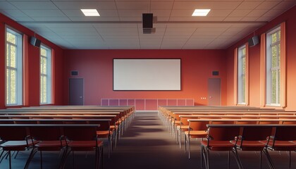 Empty Lecture Hall with Rows of Red Chairs Projector Screen