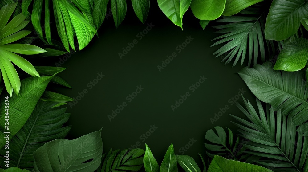 Poster tropical leaf frame: lush tropical leaves frame a dark background, creating a vibrant and inviting s