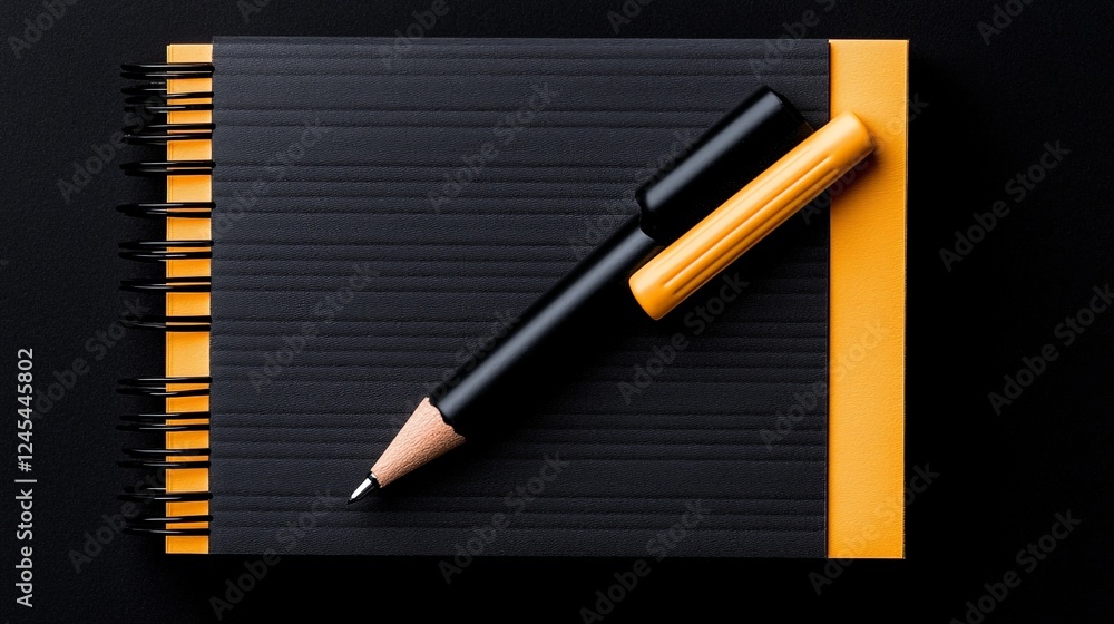 Poster black notebook and pen: a stylish black spiral notebook with a matching black pen and a vibrant yell