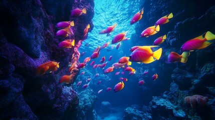 Colorful underwater scene of vibrant fish swimming near a coral reef in the ocean