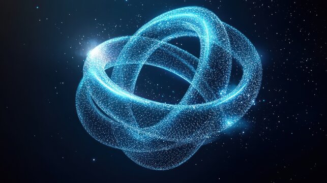 Glowing blue interconnected rings, particle effect, abstract background.
