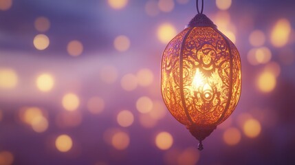 Ornate Ramadan Lantern with Mystical GlowDecorative Lantern with Candle and Bokeh Lights