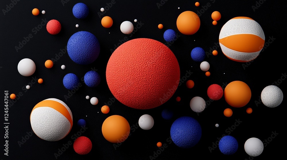 Poster abstract sphere composition: vibrant spheres in red, orange, blue and white against a deep black bac