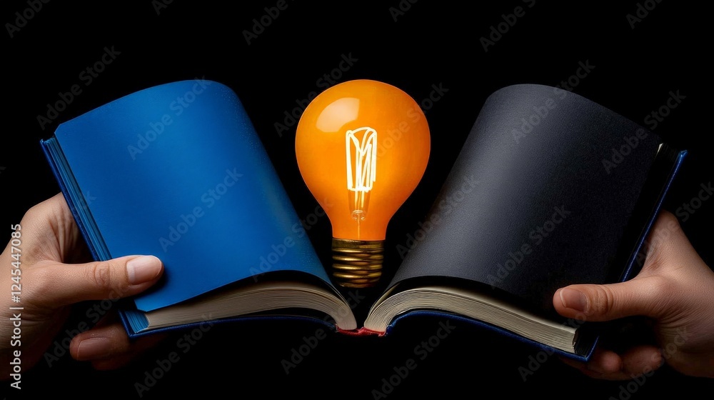 Poster illuminating ideas: a glowing lightbulb bursts forth from an open book, symbolizing the power of kno