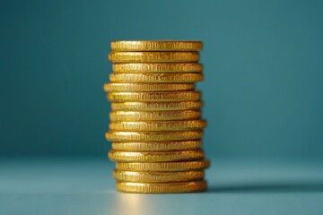 Stack of golden coins on a blue background