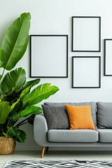 Bright and inviting interiors with blank frame arrangements.