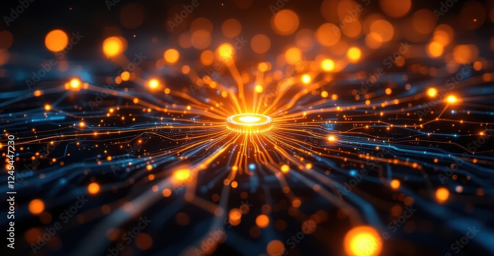 Aufkleber glowing circuit board with central microchip in futuristic technology visual