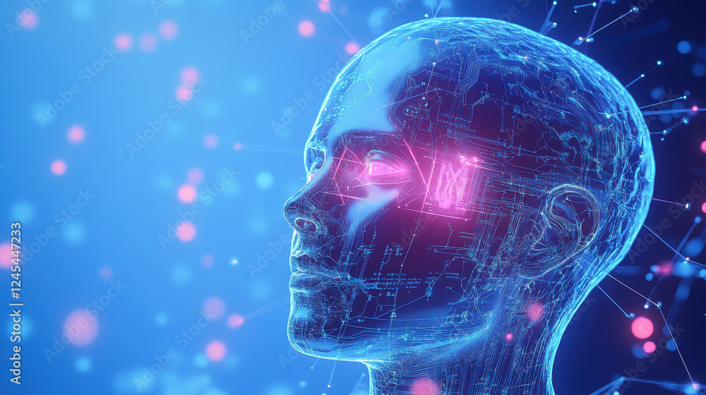 Poster digital illustration of an ai head with digital connections and glowing lights, symbolizing artifici