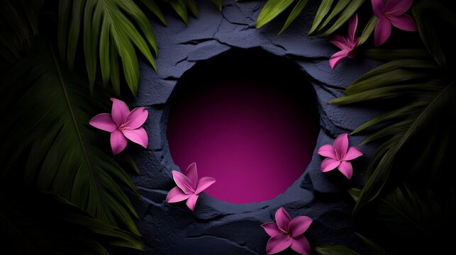 Tropical Floral Frame:  A dark, moody circular frame carved into a stone-like surface, adorned with vibrant pink flowers and lush green tropical leaves, creates a dramatic and alluring backdrop. 