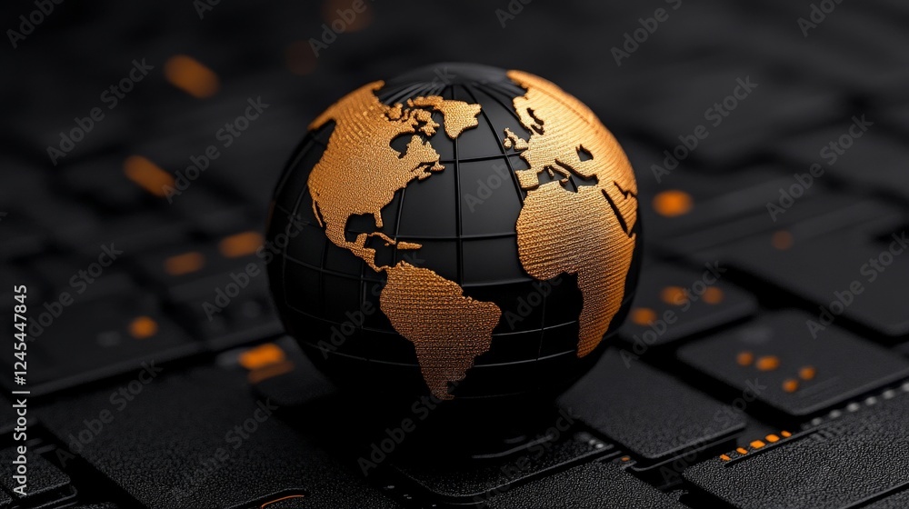 Poster global connection: a close-up shot of a golden globe resting on a black laptop keyboard, symbolizing