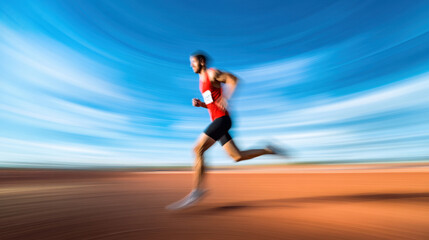 Blurred motion of an athlete running on the track, with a blue sky background
