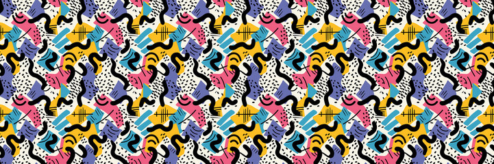 Seamless pattern with geometric shapes in the style. Multicolored vintage background with triangles, circles and squares for textile, fabric and Sudanese fabric art.