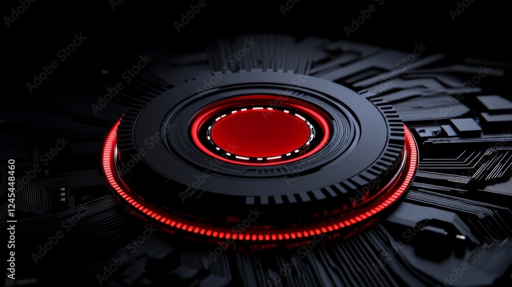 Poster cybernetic core: close-up of a futuristic, high-tech, black circular mechanism with a glowing red ce