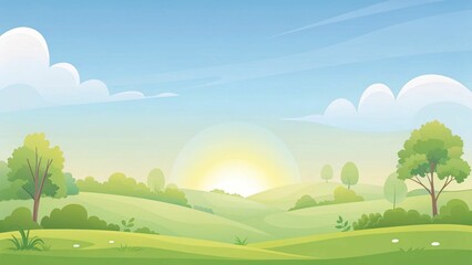 Obraz premium Vector illustration of a sunrise over a beautiful rural landsapce with trees, bushes, hills and green meadows. Illustration with space for text.