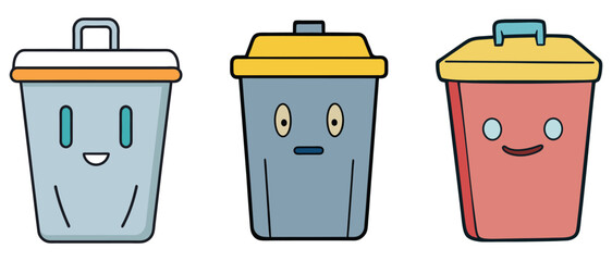 cute Trash Bin Icons - Adorable Cartoon Waste Containers with Faces