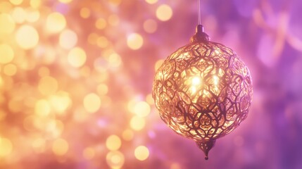Ornate Ramadan Lantern with Mystical GlowDecorative Lantern with Candle and Bokeh Lights