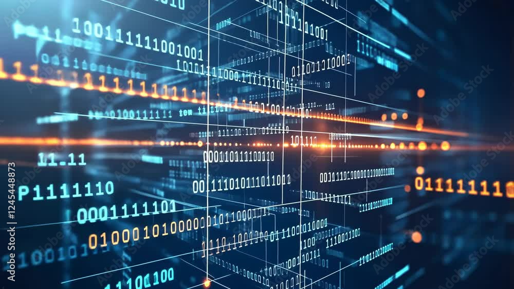 Poster futuristic digital data streams: blue and orange binary code motion
