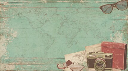 Vintage travel planning world map, camera, journal, glasses.  Background wood. Use travel blog