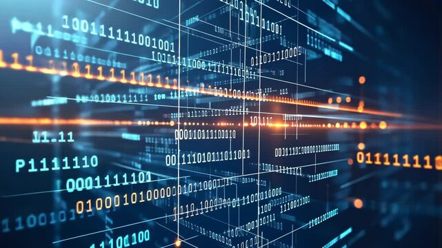 Futuristic digital data streams: blue and orange binary code motion