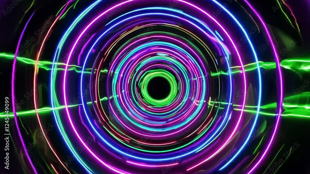 Poster vibrant neon lighting in a dynamic core, a radial tunnel video with an orbiting camera and lime gree