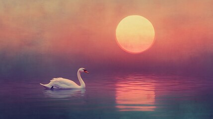 Fototapeta premium Serene swan glides peacefully on calm water bathed in soft sunset light. AI Generated