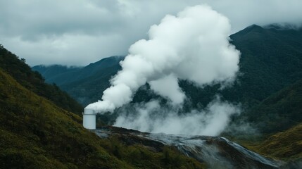 Fototapeta premium White Smoke Rising From Hillside Structure Amidst Lush Green Mountains