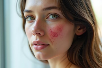 Fototapeta premium Portrait of a Young Woman with Unique Facial Artwork, Emphasizing Subtle Beauty Marks and Expressive Eyes in a Softly Lit Indoor Setting