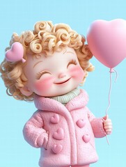 Fototapeta premium Cute girl with a heart balloon. AI.