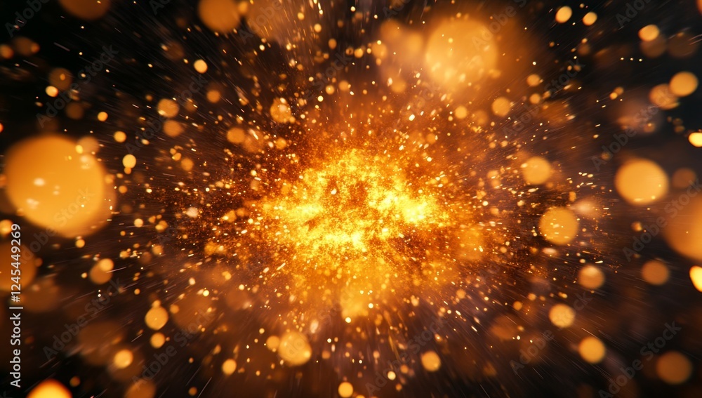 Poster golden sparks exploding in dark space, bokeh background, celebratory effect