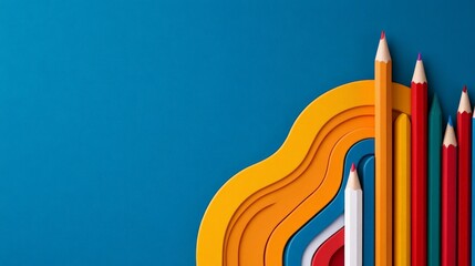 Colored Pencils on Blue: A vibrant collection of colored pencils arranged artfully against a deep blue background, creating a visually striking image ideal for education, creativity.