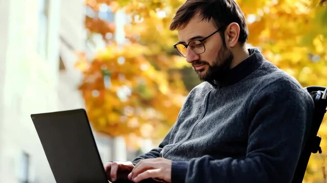 A man in a wheelchair is using a laptop computer outdoors
