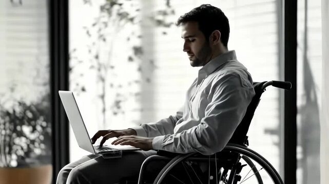A man in a wheelchair is using a laptop computer outdoors