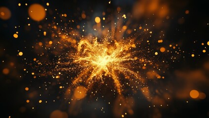 Obraz premium Golden energy burst, dark bokeh background, abstract design