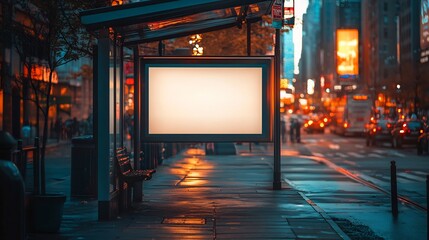 Obraz premium Blank billboard glows softly illuminating a rain-slicked city street at night. AI Generated