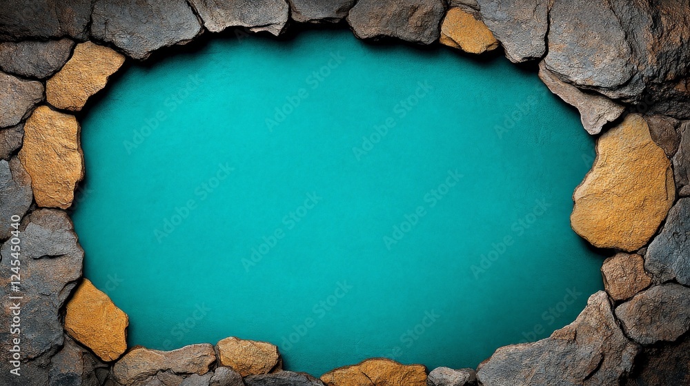 Poster stone frame on teal background: a rustic, stone frame encircles a vibrant teal backdrop, creating a 