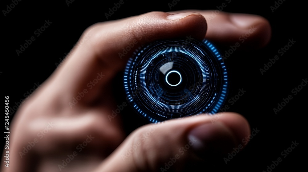 Poster the digital eye: a hand holds a futuristic, luminous orb, its surface pulsing with data and intricat