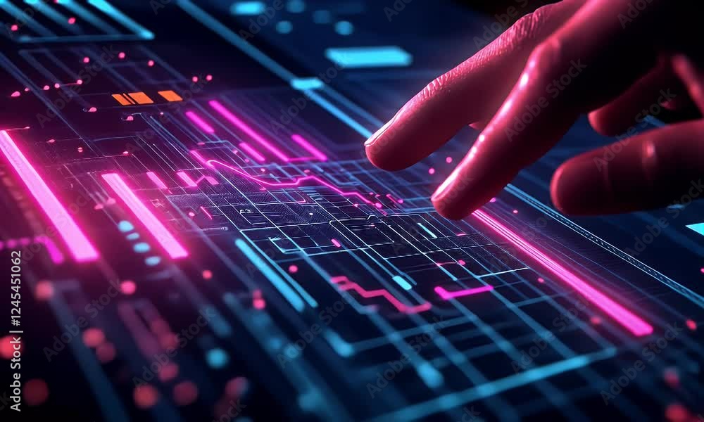 Poster hand interacts with futuristic digital interface, data streams flow, dark background, tech presentat