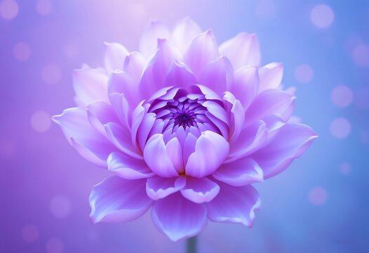 A vibrant purple dahlia flower in full bloom, set against a dreamy bokeh background with soft pink and blue hues, capturing nature's elegance.
