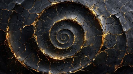 Golden spiral in cracked black surface with glowing veins