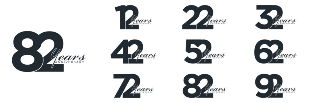 set anniversary 12 to 92 year logo designs. abstract number, icon, vector illustration