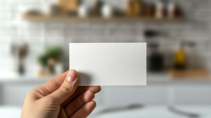 Obraz premium A close-up photograph of an empty white business card, held in a hand against a blurred background with some food items in the background