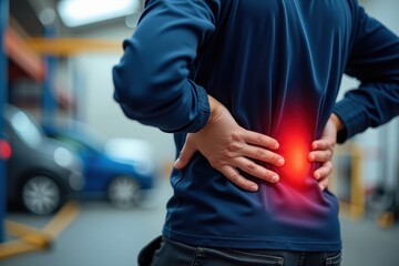 A Man Feeling Discomfort in His Lower Back While Standing in a Warehouse Environment, Indicative of Common Work-Related Back Pain Issues