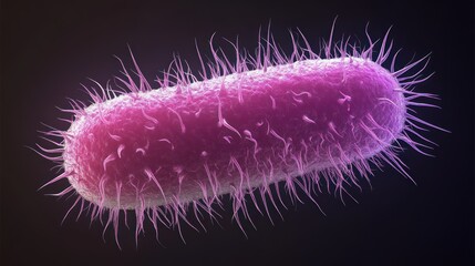 Microscopic view of a rod-shaped bacterium covered in pili.