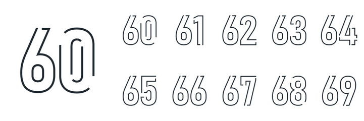 set anniversary 60 to 69 year logo designs. abstract number, icon, vector illustration
