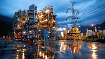 Fototapeta premium High voltage power station with transformers and industrial equipment, illuminated at night, reflecting on wet ground