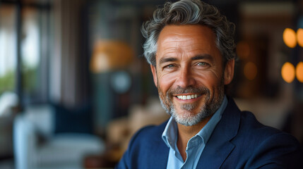 Fototapeta premium Medium close-up shot of a senior executive in his late 50s, smiling confidently at the camera, wearing a stylish navy blue suit in a high-rise office with soft natural light.