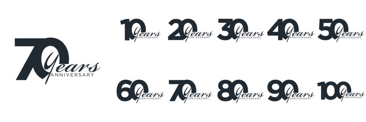 set anniversary 10 to 100 year logo designs. abstract number, icon, vector illustration